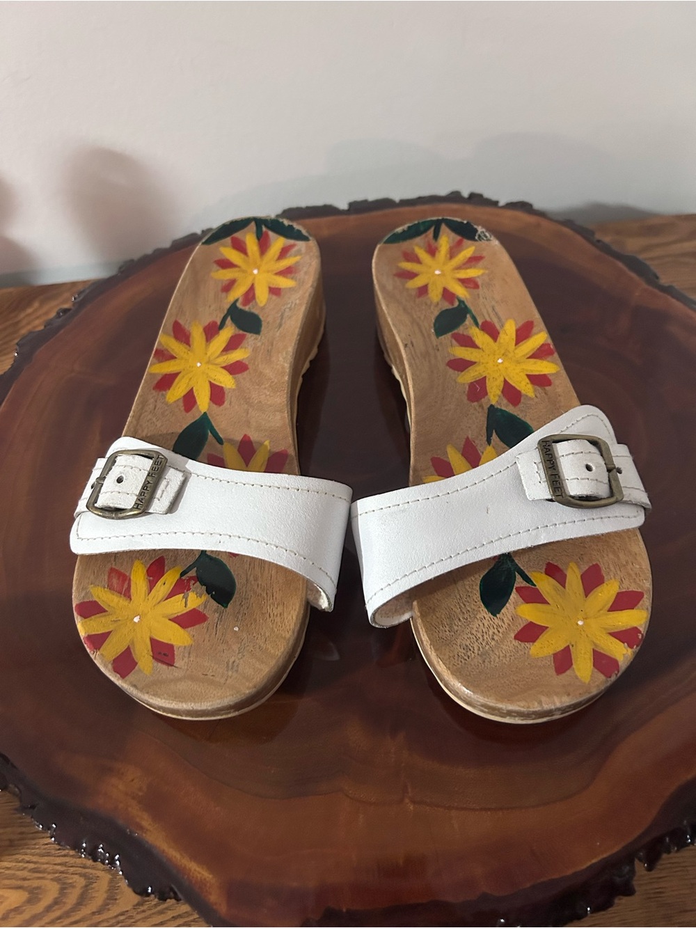 Happy FeetWhite Leather Slide Mules with Yellow & Red Floral Insole